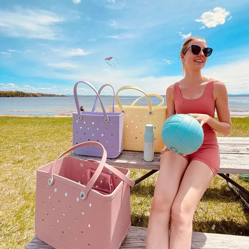 Atacado Personalizado Mulheres Saco De Silicone De Praia Com Buracos Sacolas À Prova D' Água Totes De Borracha De Verão Grande Moda Eva Bogg Plástico