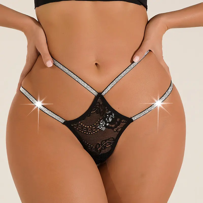 Bayan seksi iç çamaşırı çapraz Shining rhinestones kemer seksi iç çamaşırı kadın siyah dantel Thongs ve G String külot