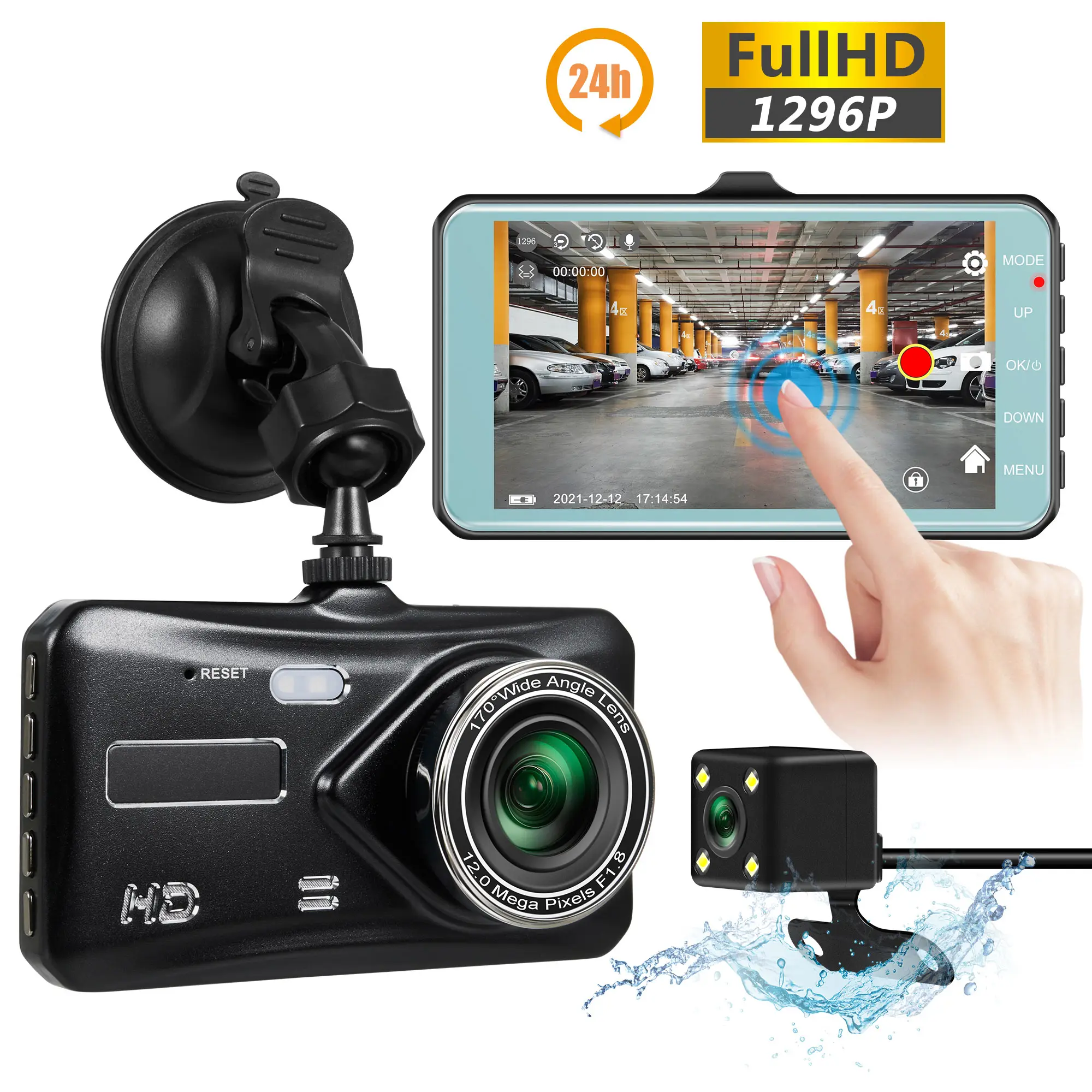 Câmera de ré automotiva, 4 polegadas, dupla lente, sensor dashcam g, 2 lentes, touch screen, 2 canais, câmera frontal e traseira 1080p, dvr