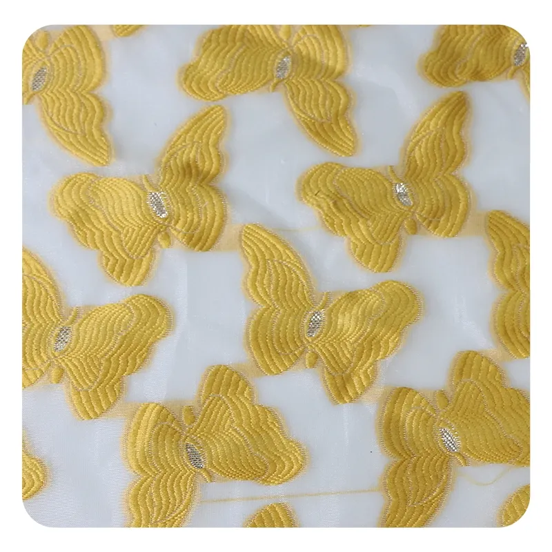 2024 nuevo diseño poliéster nailon elegante y exquisito mariposas amarillas tela Jacquard grande Organza para vestido