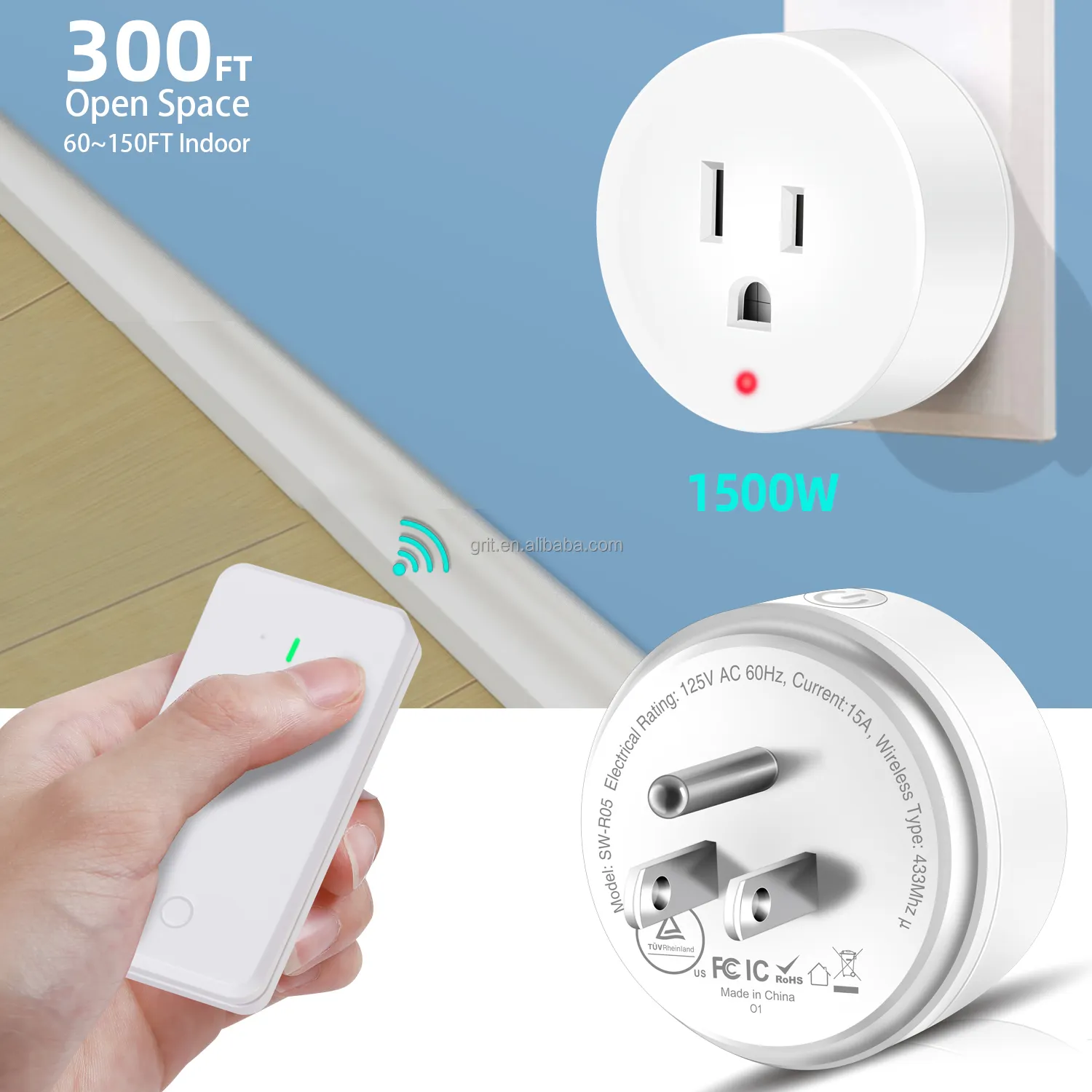 UL Certified 15A Wireless Remote Control Outlet 100 Feet RF Range Anti-Surge 4000V IP66 Wall Light Switch Anti-Surge