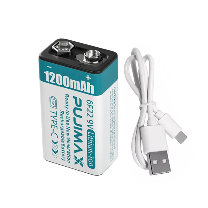 PUJIMAX-Batería de iones de litio de 9v tipo c, 1200mah, 6f22, 9v, recargable, usb c, cargador de 9v para micrófono, 1 ud.