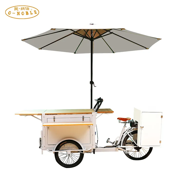 Multifunctional पेडल tricycle कॉफी आइस क्रीम के साथ नाश्ता गाड़ी छाता बिजली खाद्य बाइक