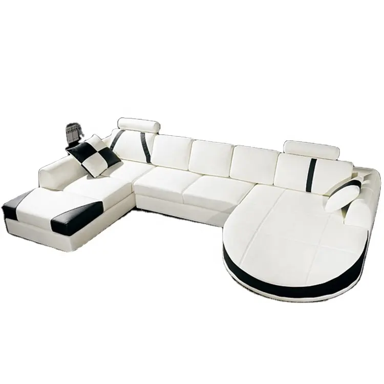 Grosir Terbaru Model Baru Desain 6 Kursi Sofa Set, Kulit Asli Perabot Ruang Keluarga U Bentuk Kayu Sofa Set