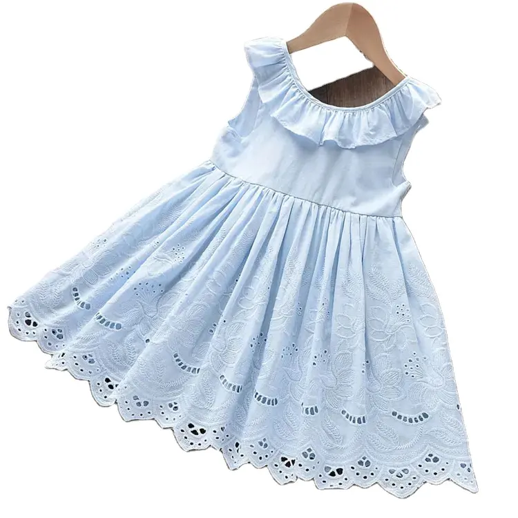 Menina Vestido Verão Azul Moda Bebê Desgaste Formal Bowknot Bordado Colete Vestido Cute Crianças Crianças Roupas Baby Girl Summer Dress