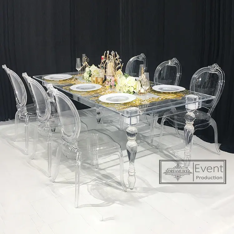 2021 رائجة البيع التصاميم الحديثة شفافة الاكريليك طاولات الطعام 6 طقم كراسي لحفلات الزفاف في طاولات الطعام