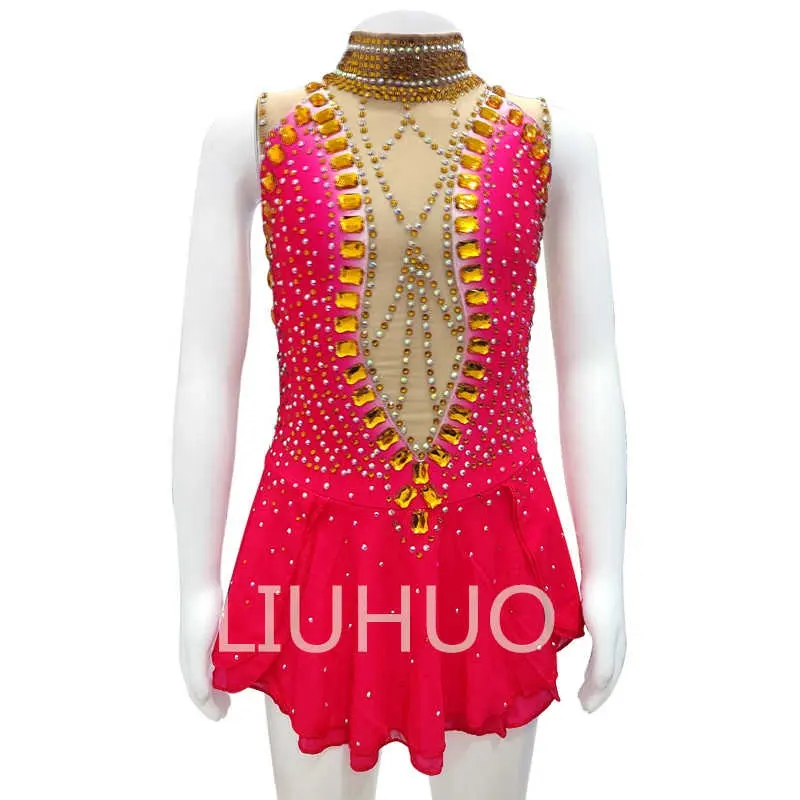 LIUHUO Robe de patinage artistique Filles Adolescentes Rouge Compétition de patinage sur glace Costume de danse Femmes avec gros diamant