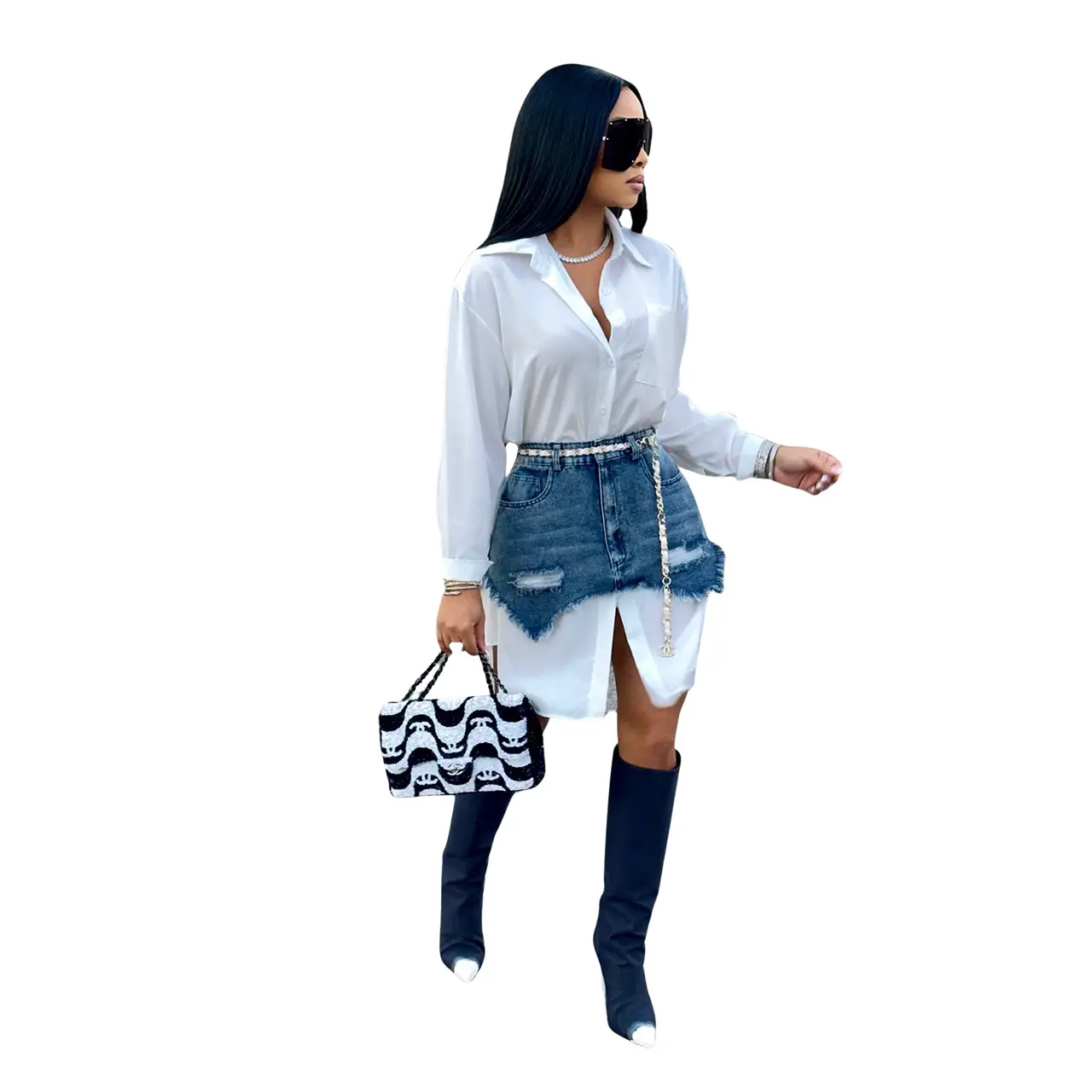 Hot Selling Primavera 2023 Mulheres Vestuário Denim Saia Curta Camisa de Manga Longa Vestidos Moda Two Piece Set Vestidos Mulheres