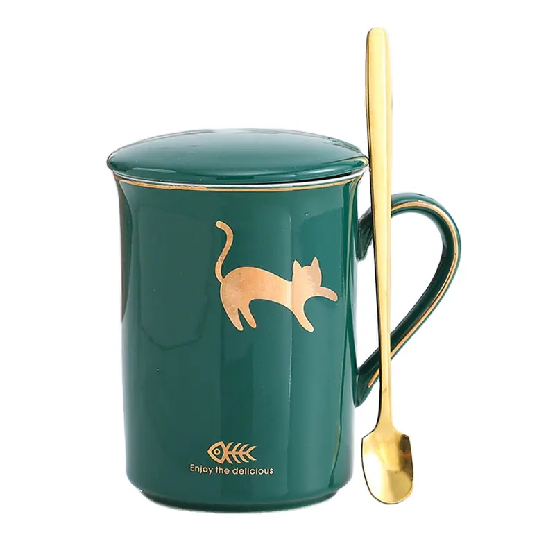 Tazas de café de cerámica con tapa y cuchara dorada, diseño de dibujo de gato personalizado, regalo, 350ml