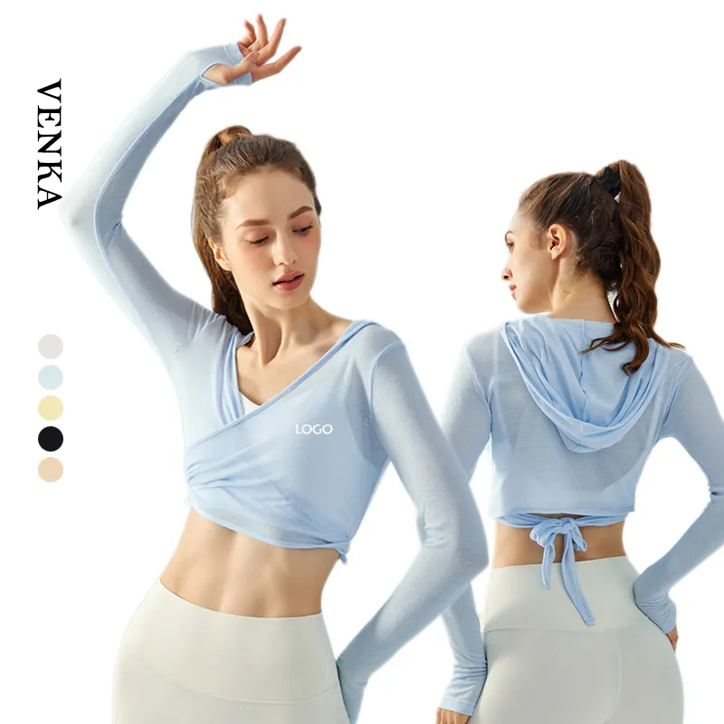 Damen Slim Fit V-Ausschnitt Kurzes Oberteil Atmungsaktiver Stoff Casual Yoga Langarm Kapuze Daumenloch Fitness T-Shirt