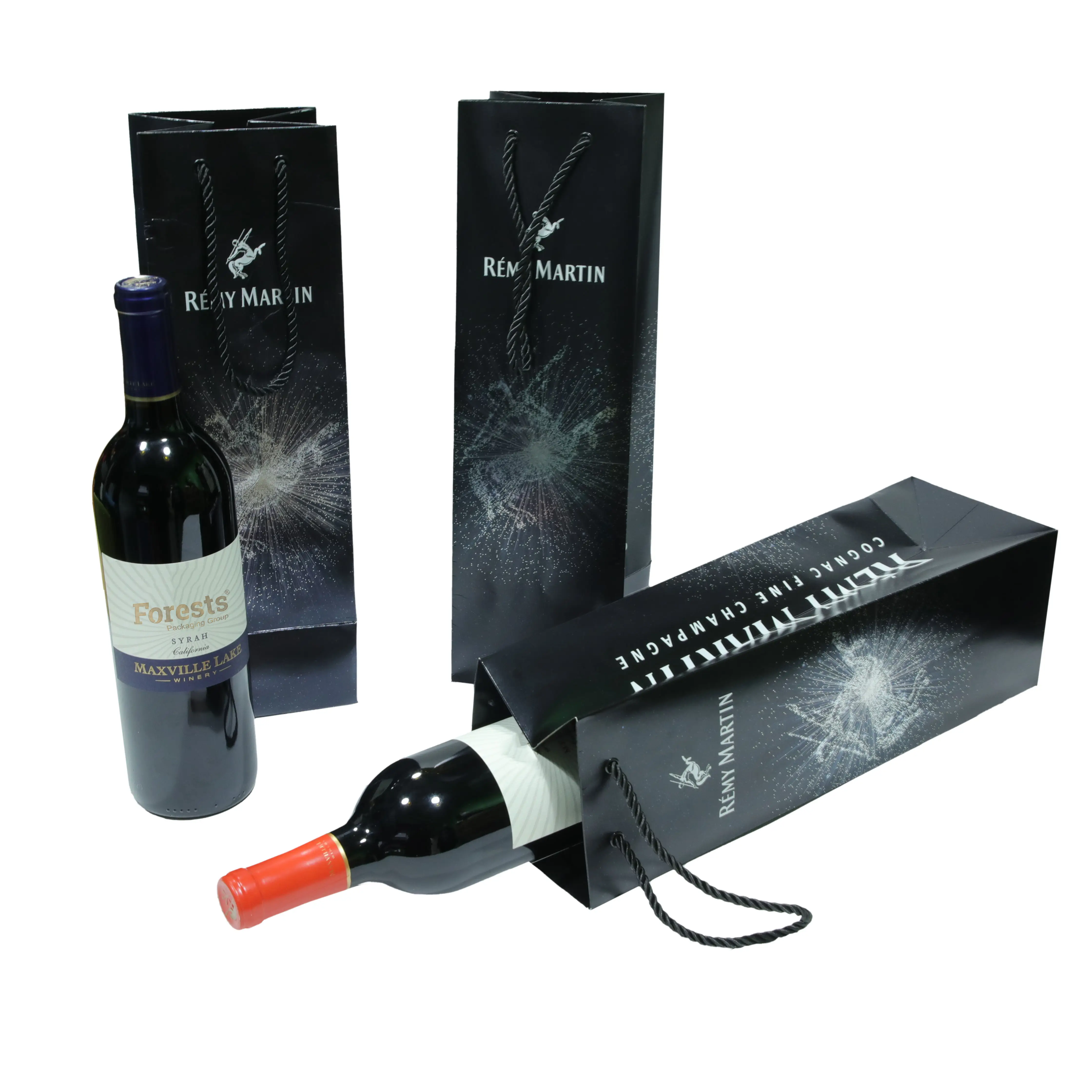 Sacchetti di carta per vino da imballaggio neri pieghevoli da regalo con bottiglia di vino singola lunga moda personalizzata all'ingrosso con manico in corda intrecciata