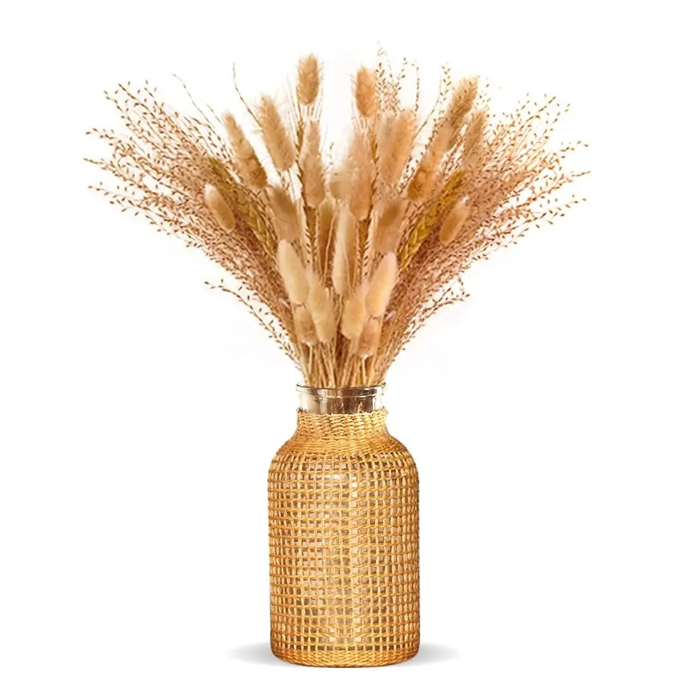 Nordic Country Style vetro rotondo vasi di fiori con copertura in Rattan per il matrimonio, decorazione domestica