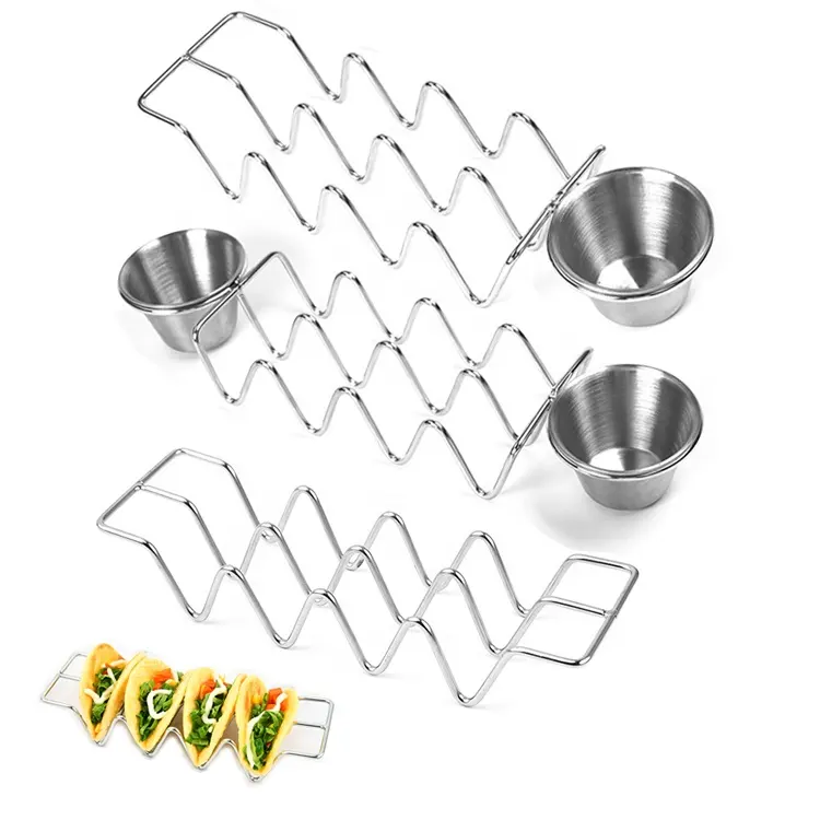 Soporte para tacos mejorado de diseño moderno Soporte para tacos de acero inoxidable con juego de tazas para salsa