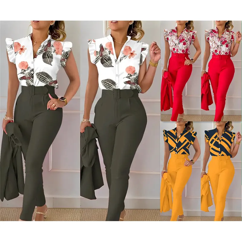 Women Summer 2 Piece Set Floral Sleeveless Shirt Top Ruffle Sleeve Long Trousers with Belt Casual Long Pants Casual Suits