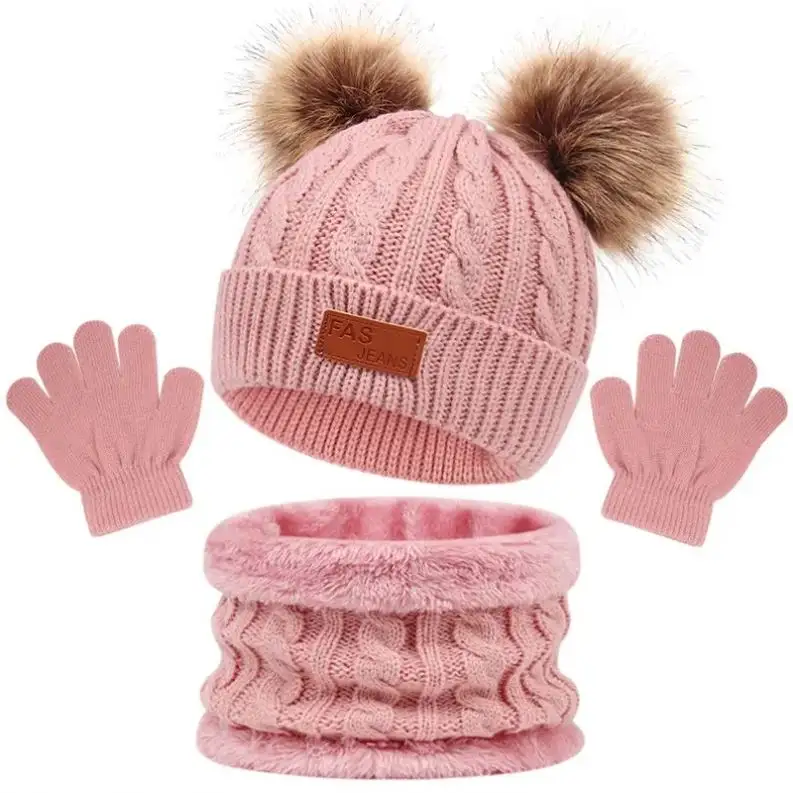 I-0101 filles garçons enfant en bas âge polaire doublé laine tricoté chapeau cou plus chaud gants bébé Pom Pom Beanie enfants hiver chapeau écharpe gants ensemble