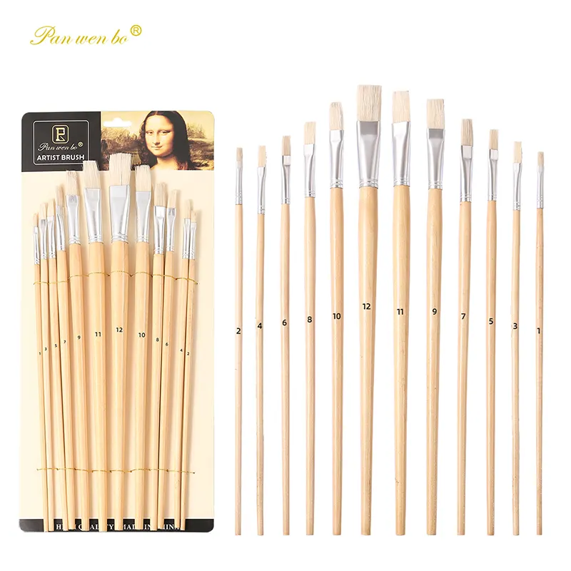 Set di pennelli per pittura a setole di alta qualità all'ingrosso con manico lungo da 12 pezzi