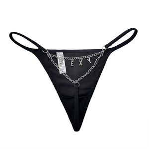 Pantalones de cadena en V de color liso para mujer, ropa interior sexy negra, Tanga de metal - Product Image 3