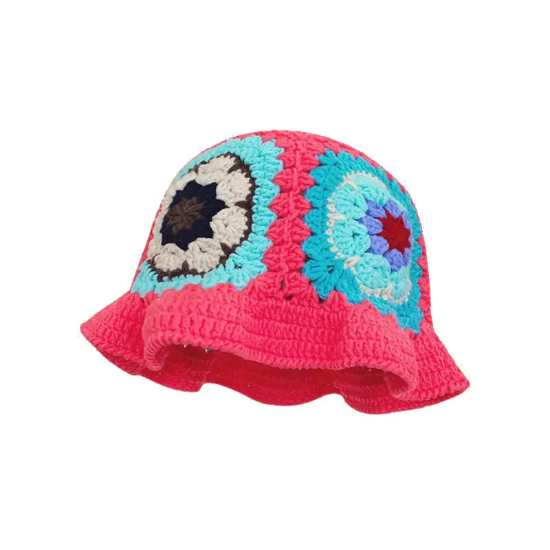 패션 여름 수제 태양 모자 귀여운 비니 겨울 크로 셰 뜨개질 꽃 양모 니트 중공 버킷 모자