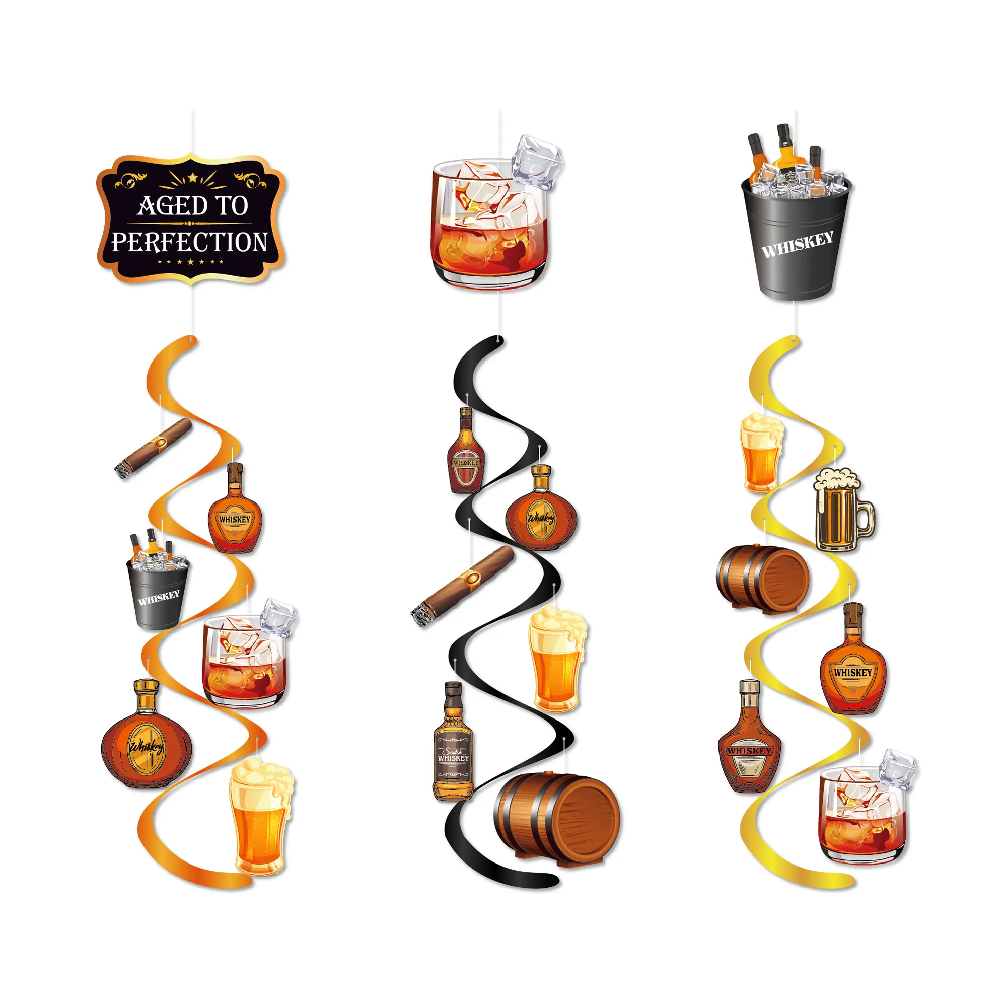 Huancai whiskey beer hanging decorations wind chime foil swirls ceiling spirals for birthday aged to perfection party supplies