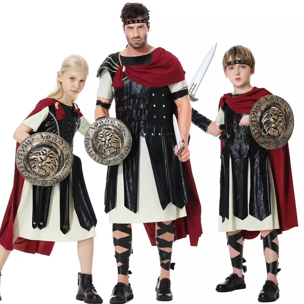 Disfraces de Guerrero romano antiguo para niños de Halloween Cosplay para adultos Ropa de Guerrero espartano con capa Escudo Cuchillo