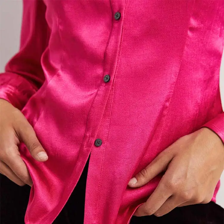 Blusa de seda con manga larga para oficina, blusa de satén con estampado personalizado para mujer