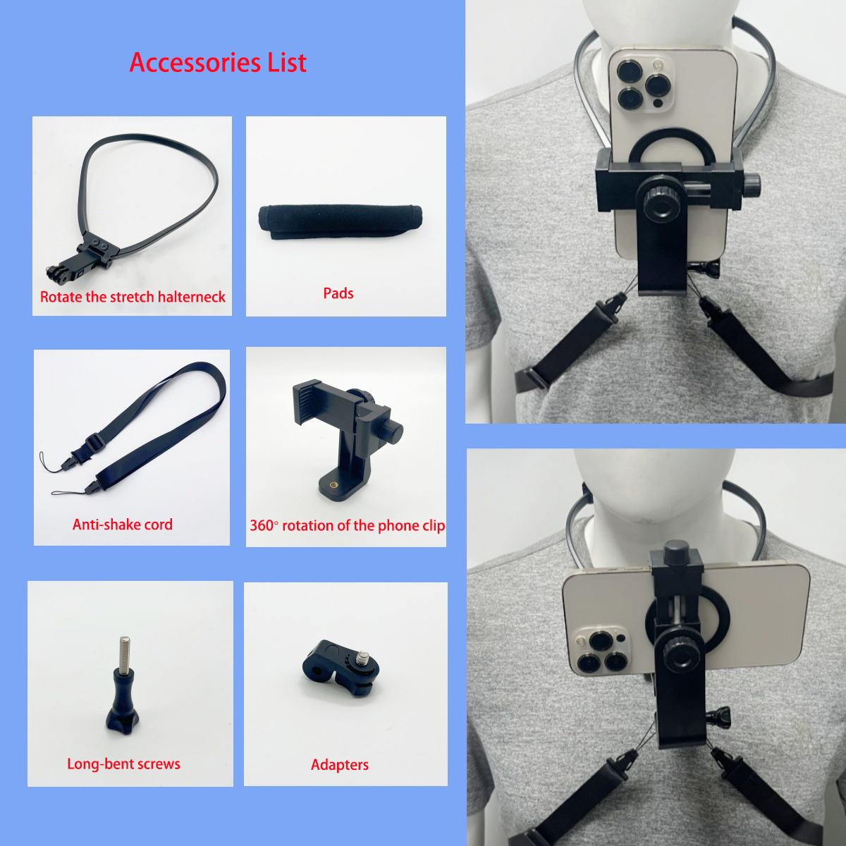 Black - Halterneck + 360 rotating phone clip + pads