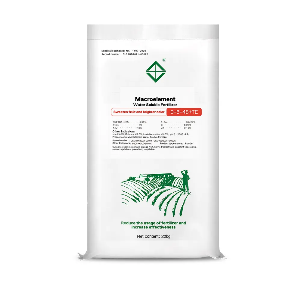 Fertilizante agrícola NPK, elemento Macro Soluble en agua, fertilizante de potásico 0-5-48, colorante dulce de fruta