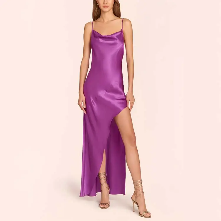 Summer women's Party Spaghetti Strap collo basso Solid Split coscia Solid Dress Boho Purple Vestido Sexy Long Dress