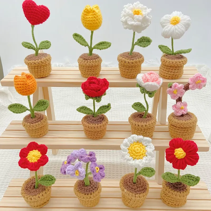 Presentes para o Dia das Mães atacado DIY crochê vaso de flores em mini vaso feito à mão flores rosas crochê tulipas flores de malha