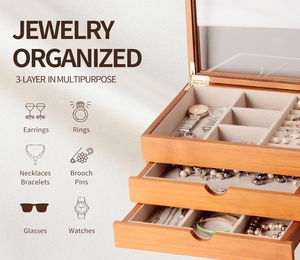 Бестселлер, изысканная большая емкость, 3 ящика, раздвижные ювелирные изделия, деревянный ящик для хранения прямоугольной формы - Product Image 2