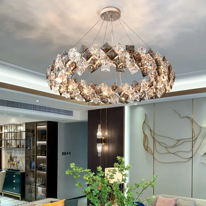 Luxe Kristal Led Plafond Kroonluchter Live Room Creatieve Hanglamp Cirkel Hanglampen Armatuur Rokerige Grijze Keuken Glans