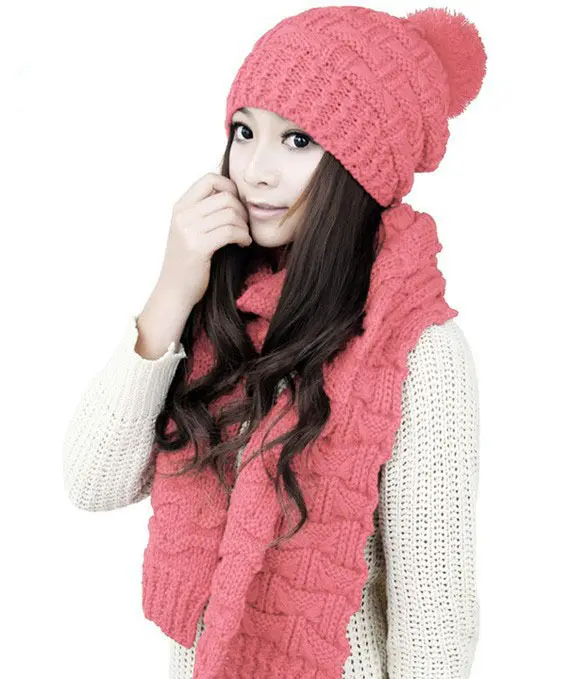 Gorro de punto de ganchillo para mujer, conjunto de bufanda y gorro de invierno, personalizado, cálido, venta al por mayor