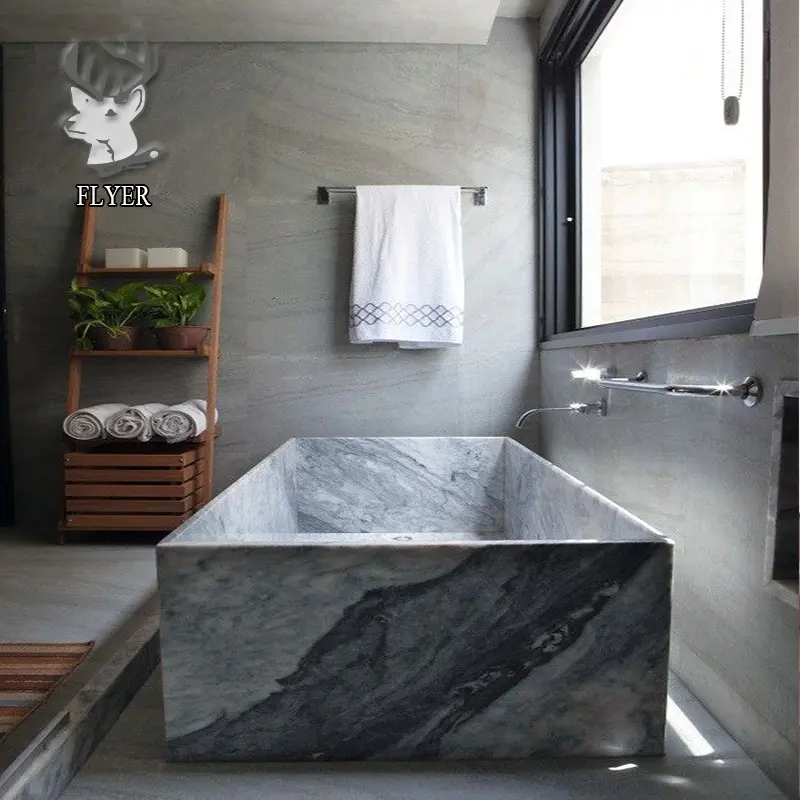 Colata personalizzata intagliato a mano vasca da bagno in pietra lucida Freestanding in marmo nero massiccio