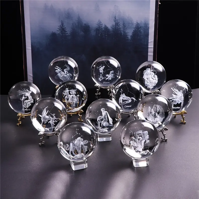 Honor de cristal de decoração de casa, presente de aniversário, ornamento 3d, signos do zodíaco, estrela, bola de cristal, esfera de vidro gravado, artesanato em cristal