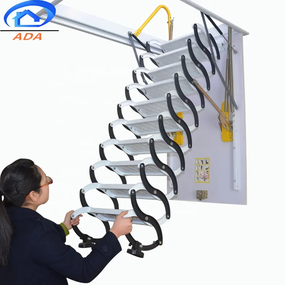 Nuevo modelo, escalera plegable Manual telescópica, pasamanos de Metal, escaleras de ático de acero al carbono