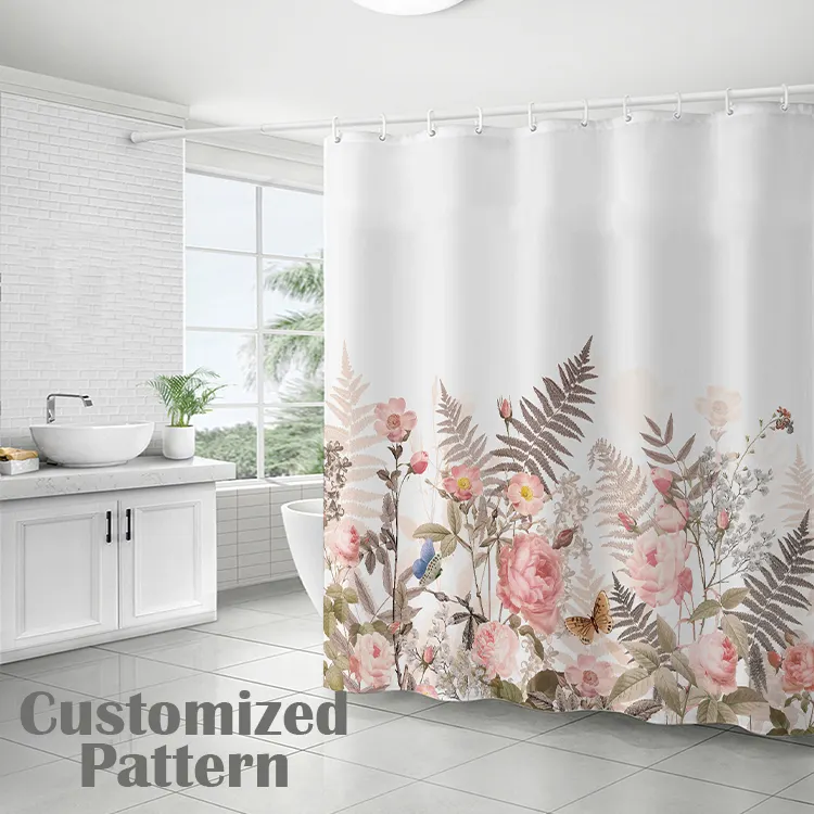 Cortina de baño de alta calidad, cortinas de ducha, cortina de ducha blanca con estampado personalizado de flores, impresión occidental personalizada