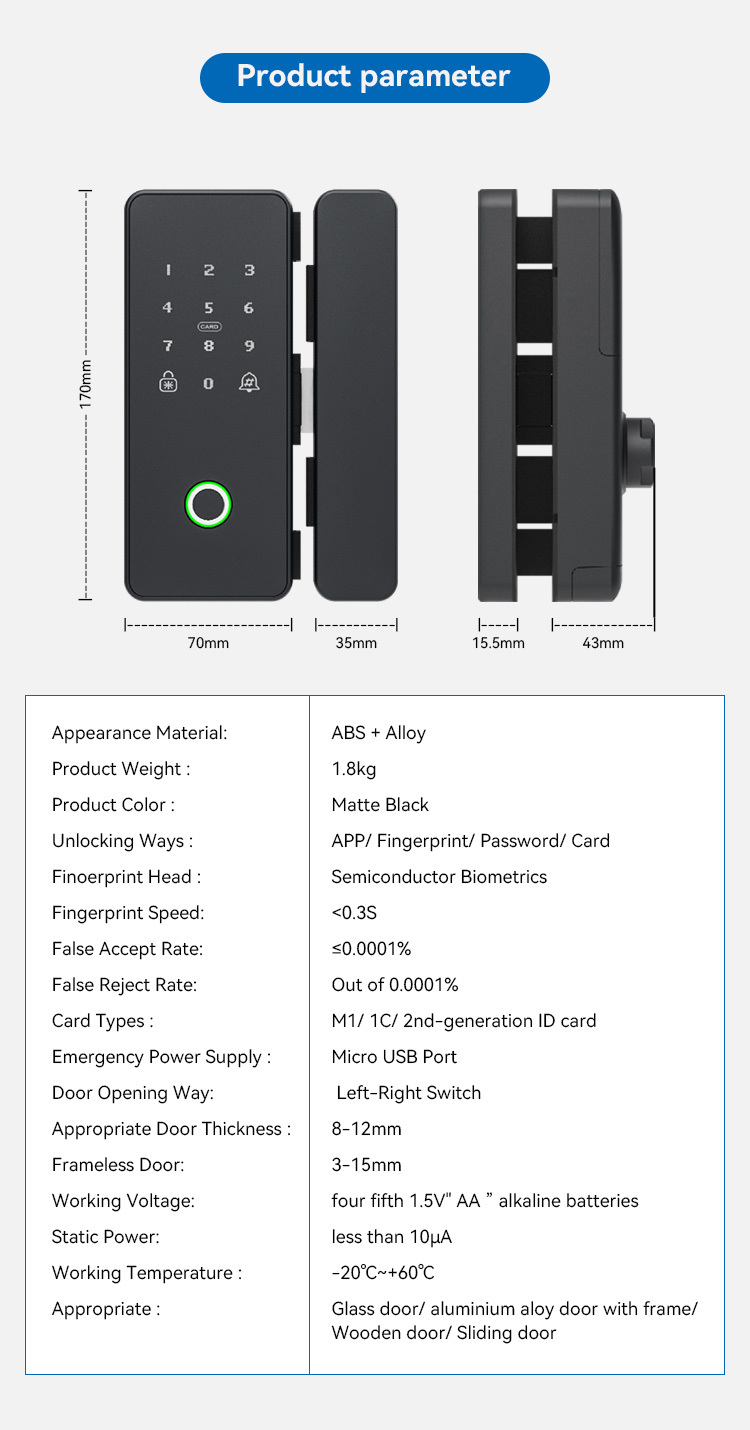 Tediton High Quality Password Key TTlock APP Remote Doorbell Fingerprint Digital Glass Smart Door Lock