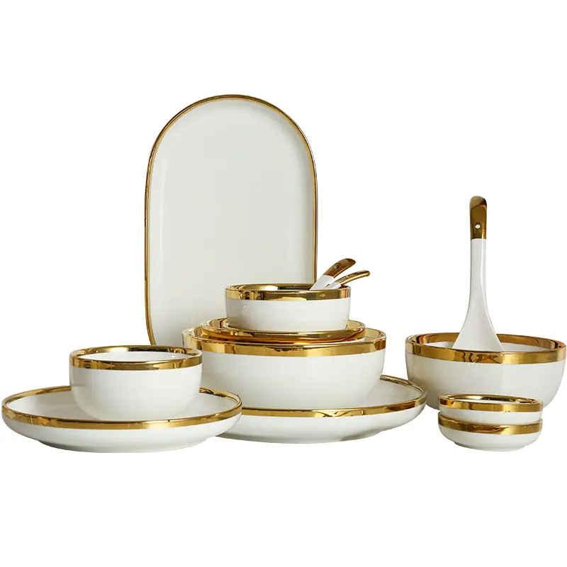 Luxe Nordic Style Gold Rim Crokery Fijn Porselein Serviesgoed Porseleinen Keramische Borden Servies Diner Set