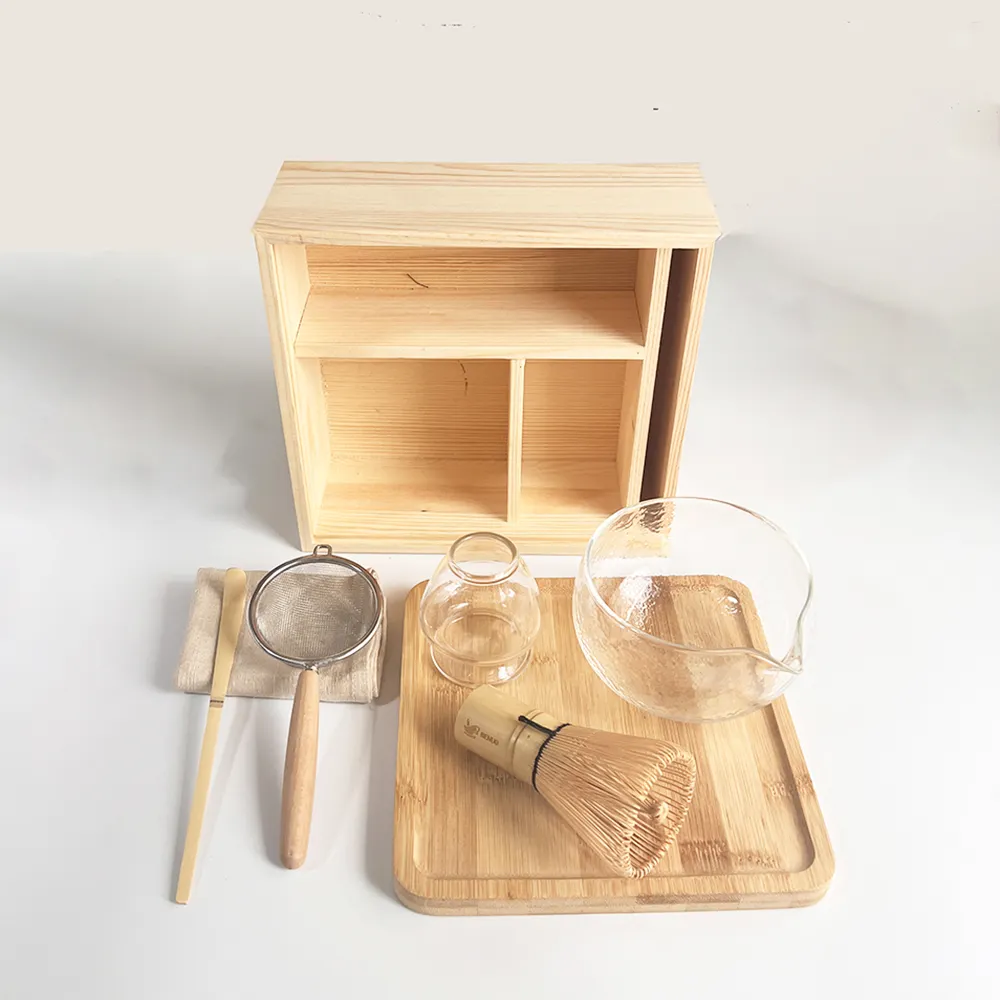 Sostenibile Eco matcha kit scatola di legno incisione Logo Matcha tea making kit all'ingrosso matcha set confezione regalo in legno