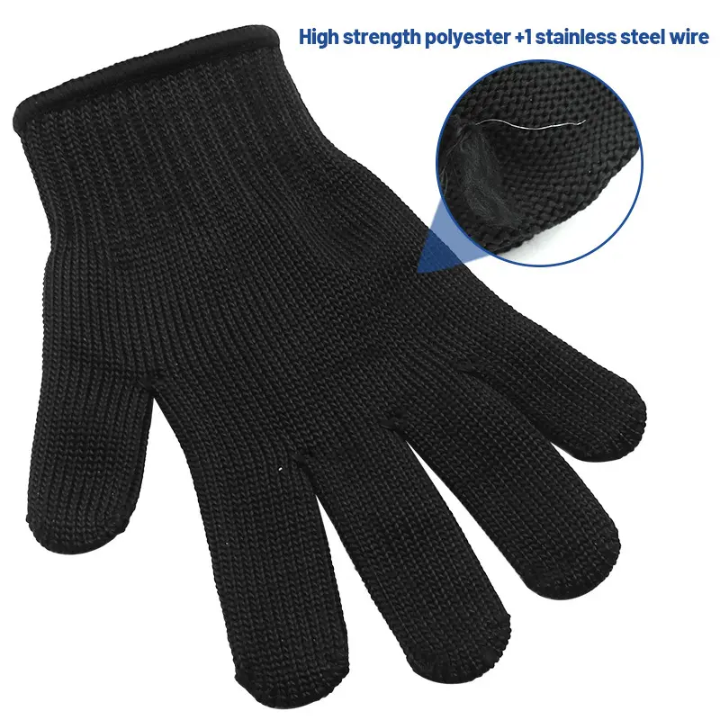 1 Paar Zwarte Anti-Snijwanten Één Staaldraad Handschoen Slijtvaste Anti-Cutting 5 Kwaliteit Arbeidsbescherming Wanten