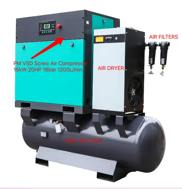 Compressori d'aria a vite rotanti 3 in 1 15 bar 16 bar insonorizzati con essiccatore d'aria per macchina da taglio Laser a fibra