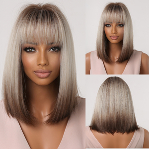 Peluca sintética recta corta para mujer HAOLING, peluca rubia a marrón Ombre Bob con flequillo, malla rosa, pelo sintético resistente al calor