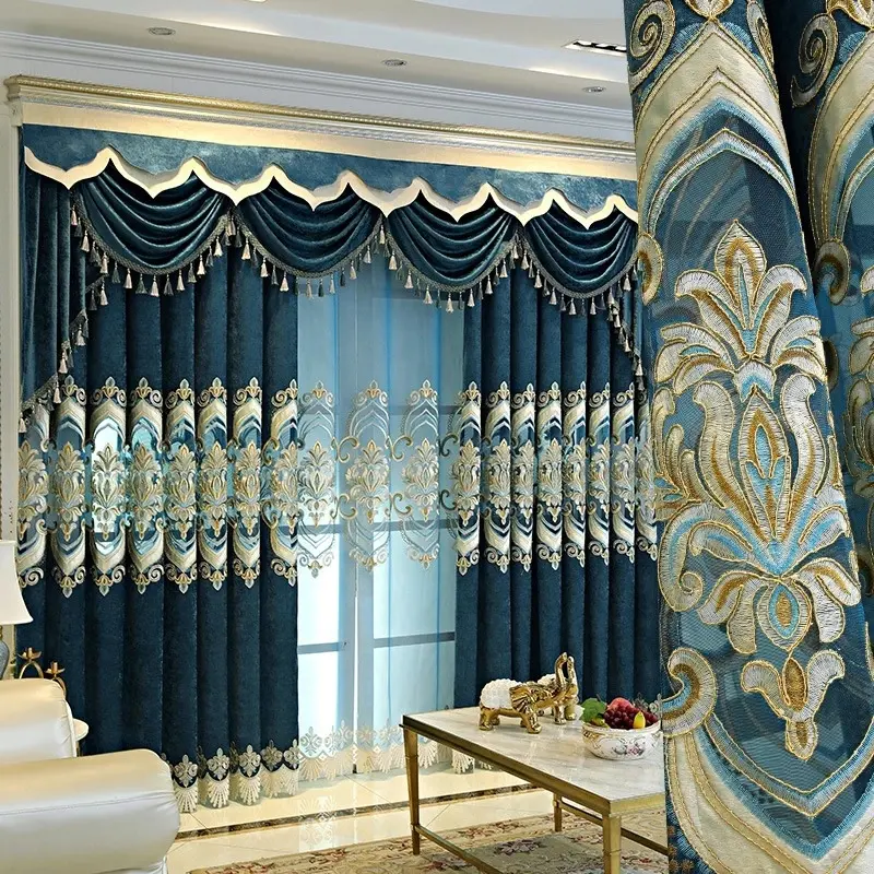 Tende di lusso in stile europeo di vendita caldo per soggiorno sala da pranzo camera da letto tende ricamate in ciniglia blu mantovane