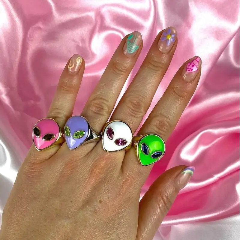 Instagram Style Designer Fashion Women Jewelry New Eye Alien Head Finger Ring 18k Gold Trendy Creative Color Cute Girl Ring