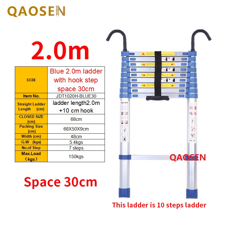 Blue 2.0m ladder with hook step space 30cm