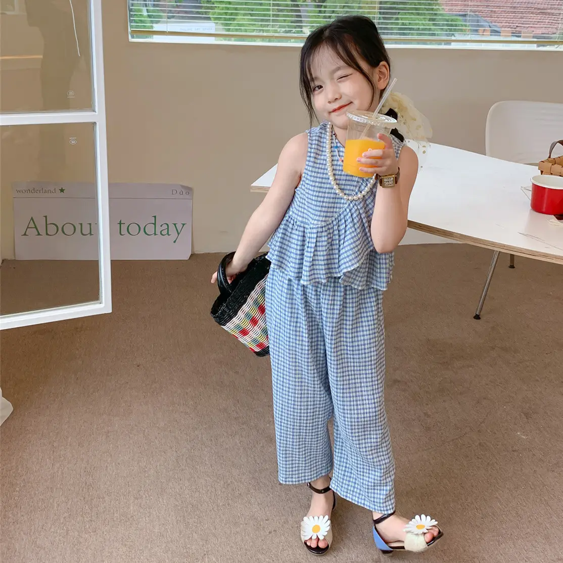 2022 Sommer Großhandel Kinder kleidung Sets für Mädchen Tops Hemden Baby Bluse Plaid Rüschen Korea Casual 165A