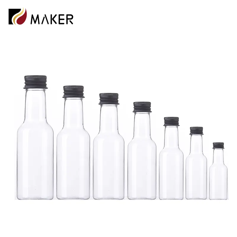 Wholesale empty 25ml 30ml 50ml 150ml 250ml mini small 50 ml PET plastic juice drinks wine spirit liquor bottle with screw lid