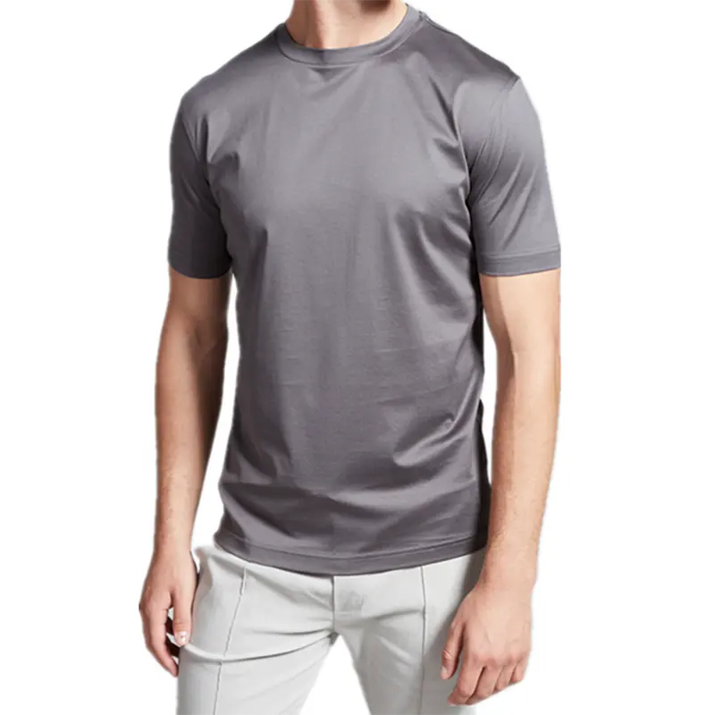 Moda özel yuvarlak boyun toplu boş merserize kumaş erkek T shirt kısa kollu örme parlak merserize pamuk T shirt