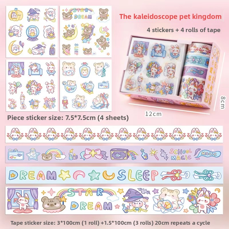 F Kaleidoscope's Pet Kingdom (4 pegatinas + 4 rollos de cinta adhesiva)