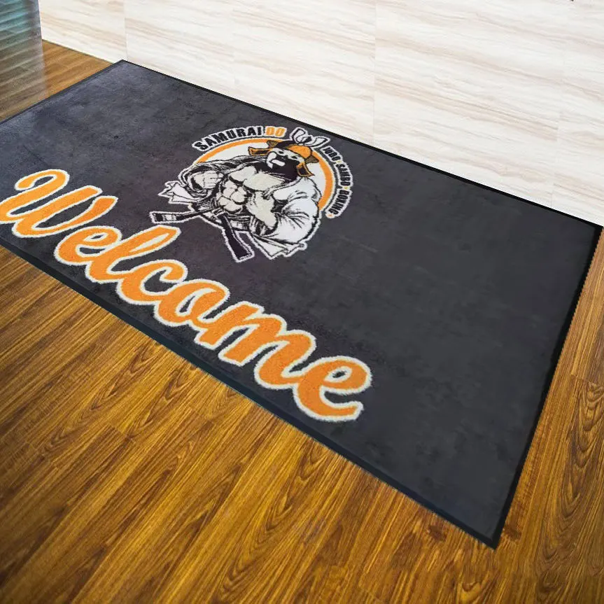 Tappetino per porta con logo di benvenuto stampato personalizzato antiscivolo commerciale tappeto d'ingresso per hotel con pavimento esterno con supporto in pvc
